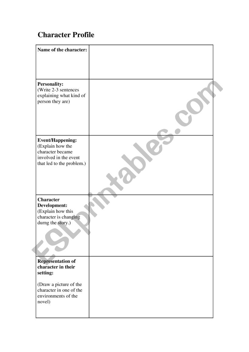 Character Profile Table worksheet