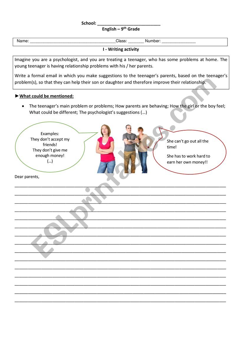 Teens� problems - Writing activity (and second conditional)