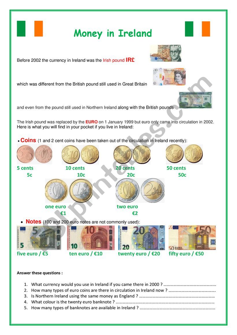 Money in Ireland worksheet