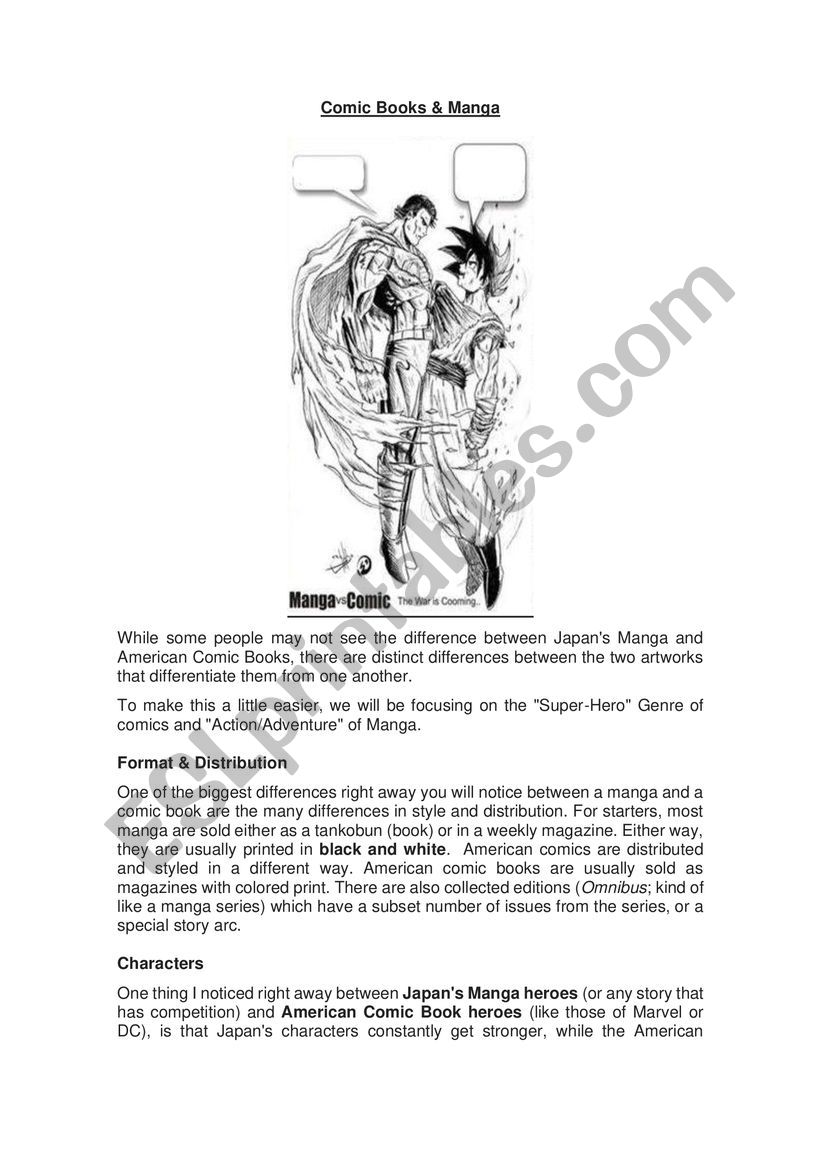Comic books Vs Manga worksheet