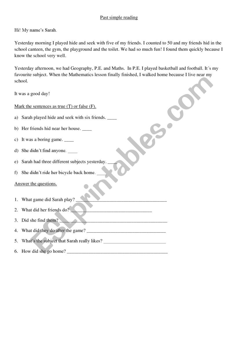 past simple reading worksheet