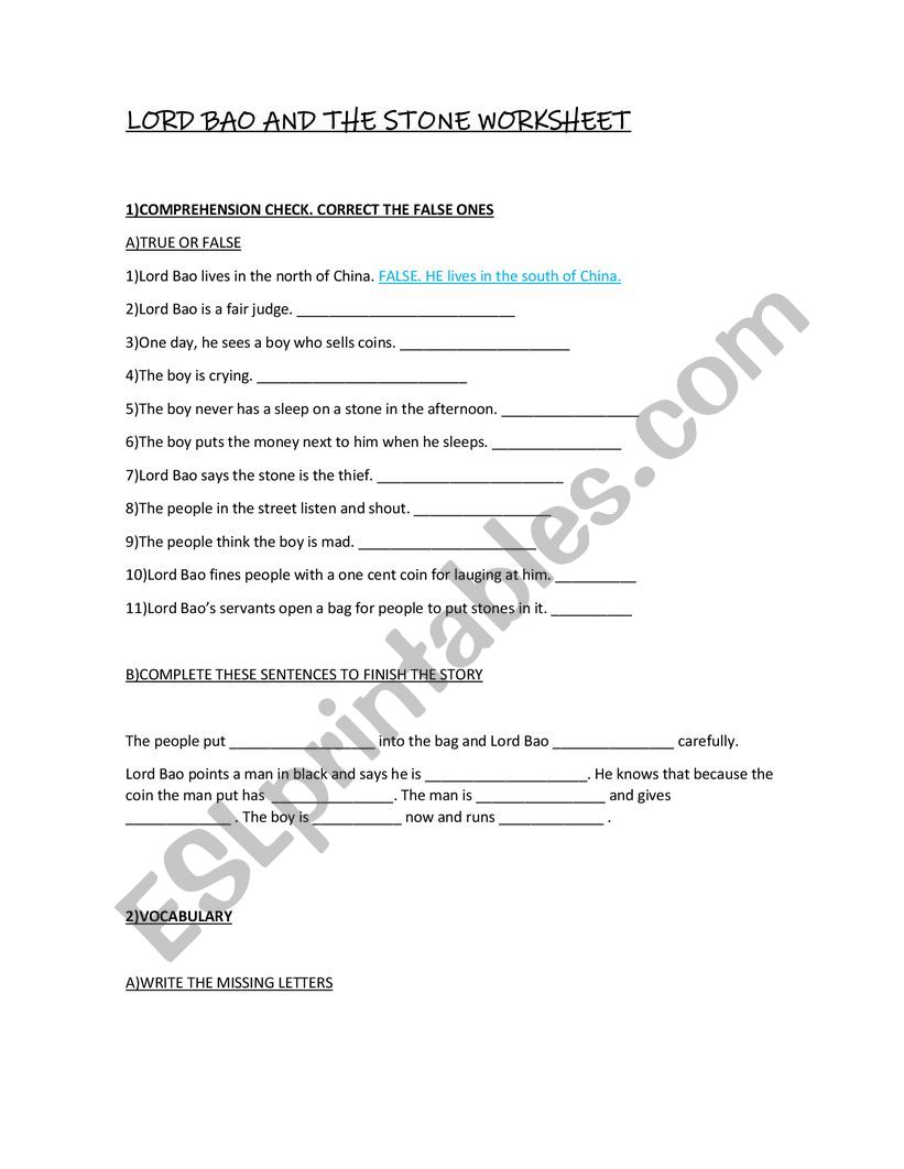 LORD BAO AND THE STONE worksheet