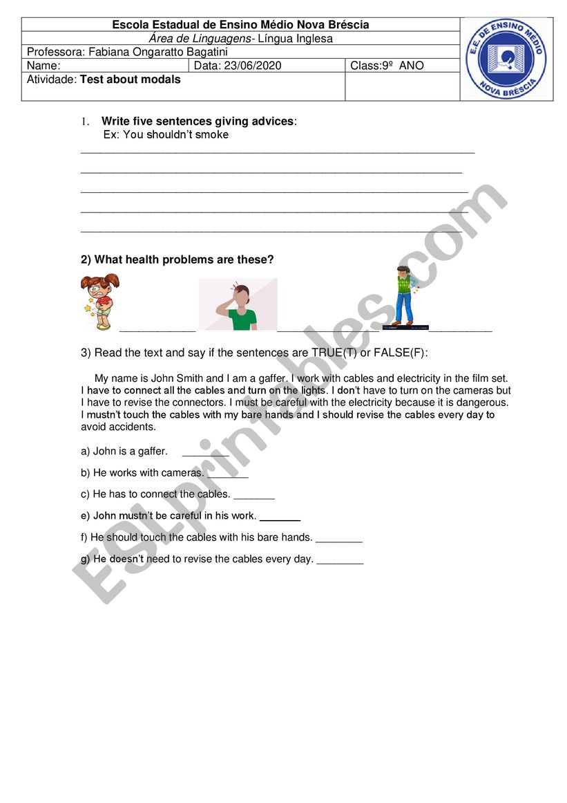 Test Modal and health worksheet