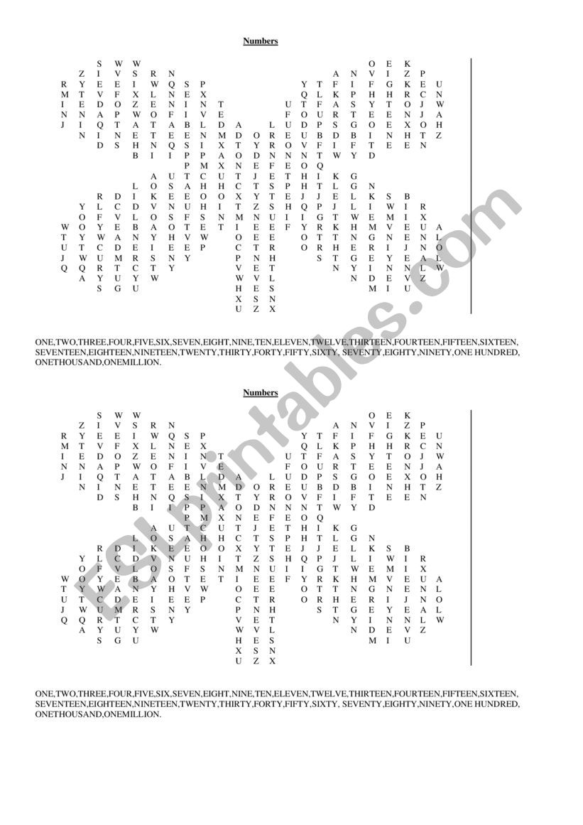 Numbers Wordsearch worksheet