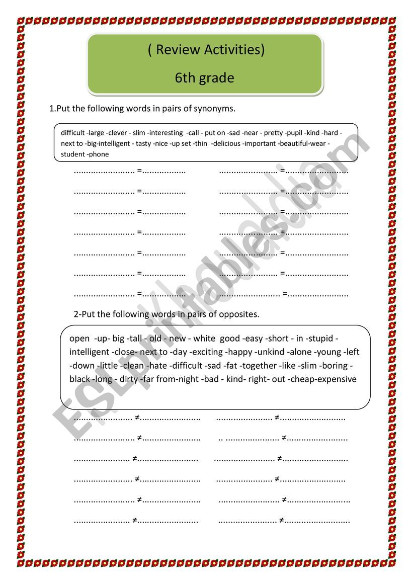 Review activities 6th grade worksheet