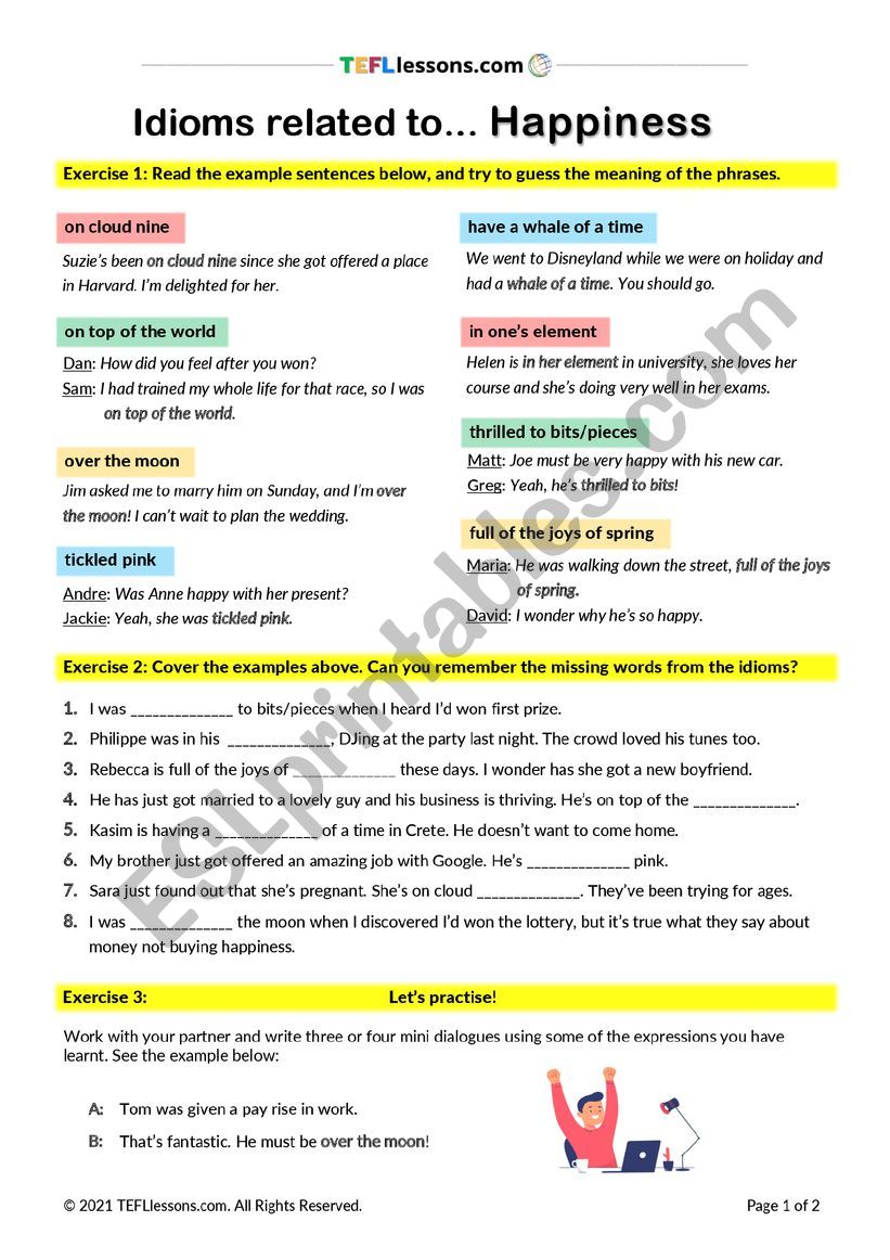 Idioms related to Happiness worksheet