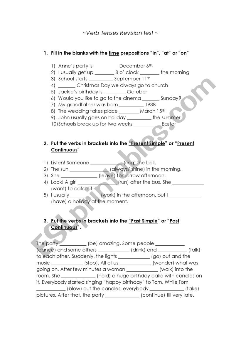 Revision of Tenses worksheet