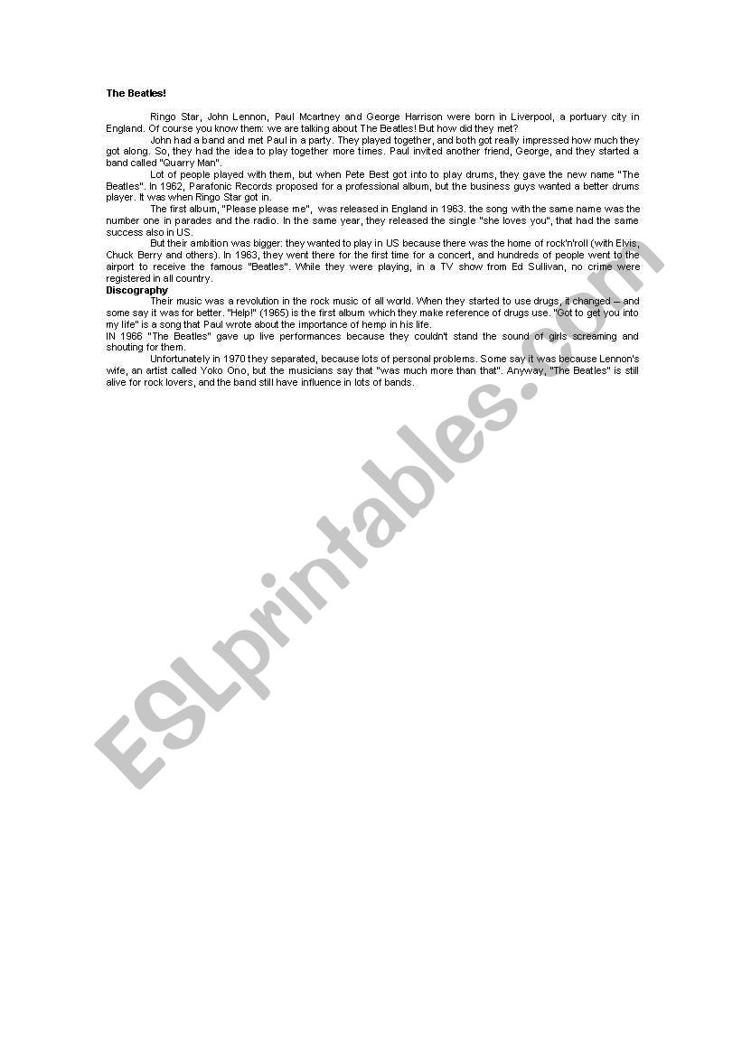 Beatles biography worksheet