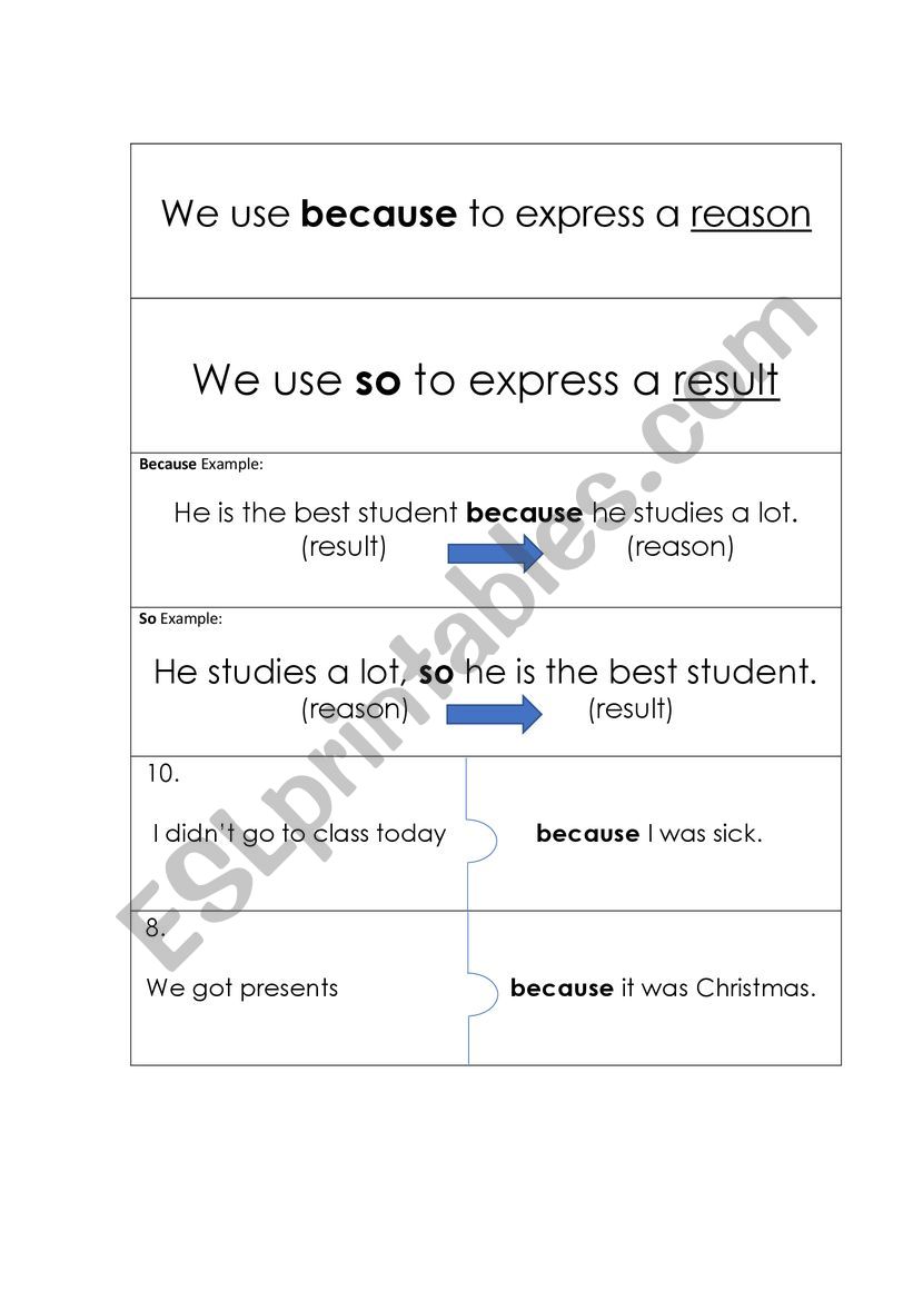 Because vs So worksheet