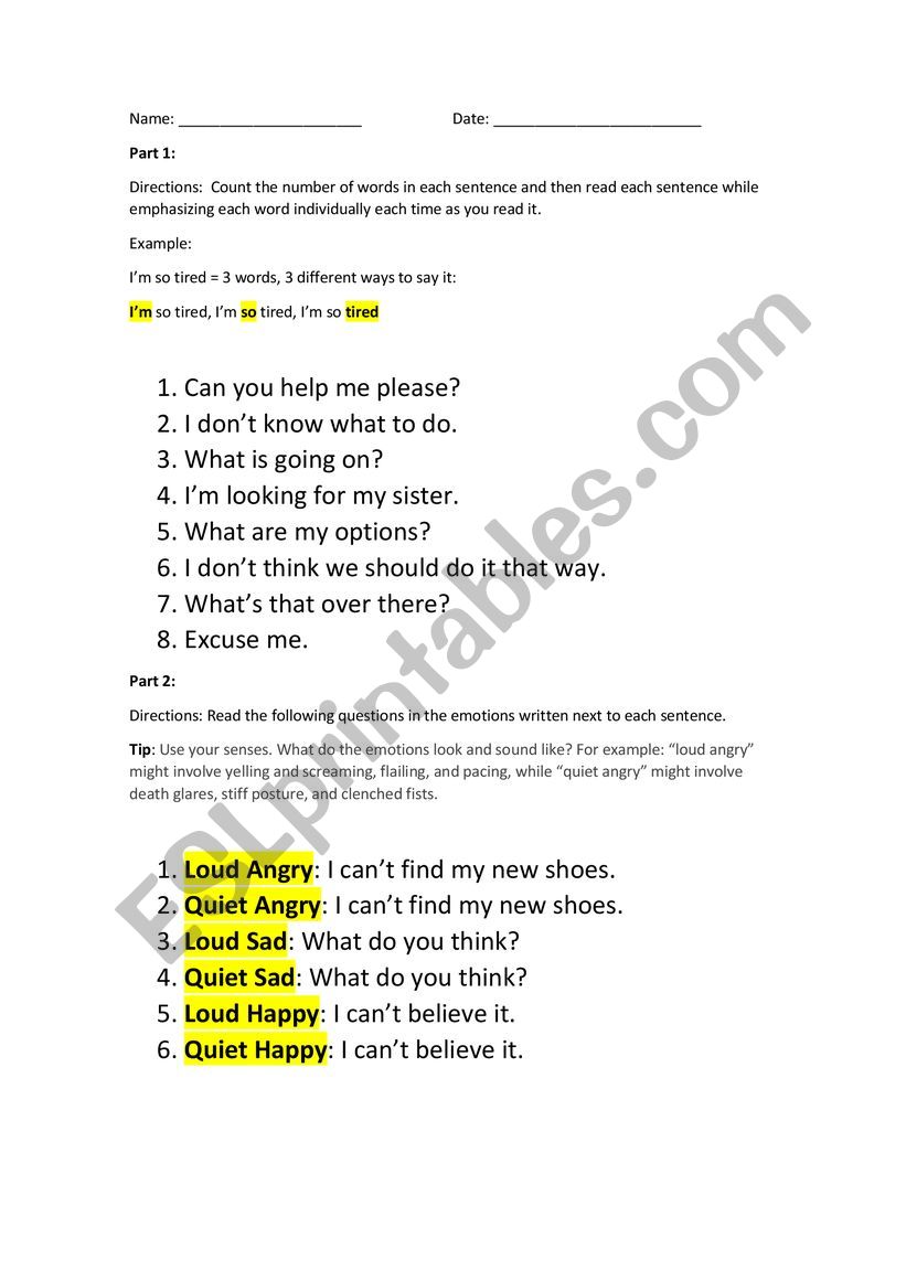 Acting With Emotion worksheet