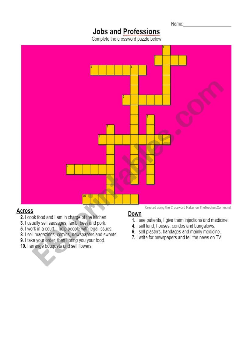 Jobs crossword worksheet