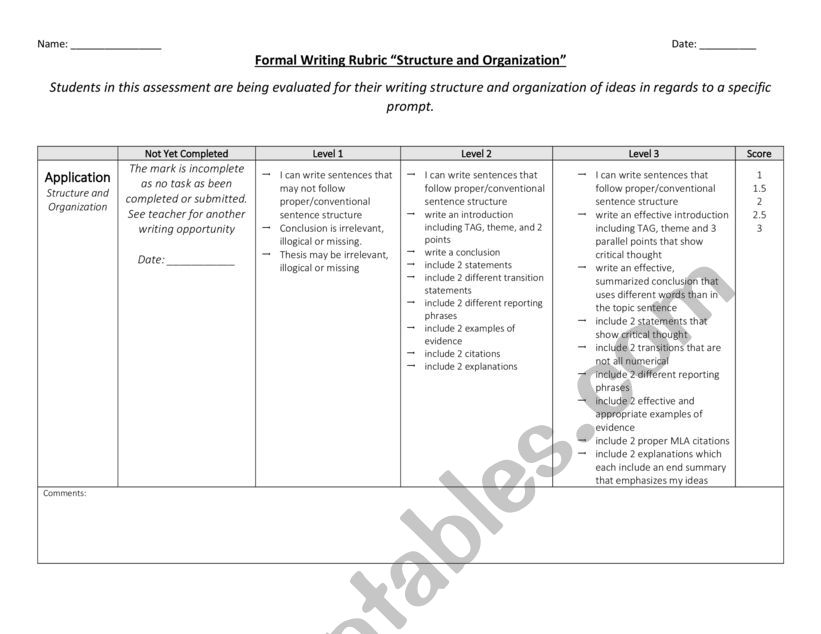 Standlalone Paragraph Structure Workshop (Rubric)