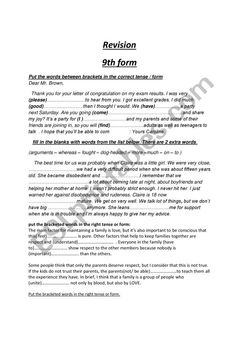 revision 9th form worksheet