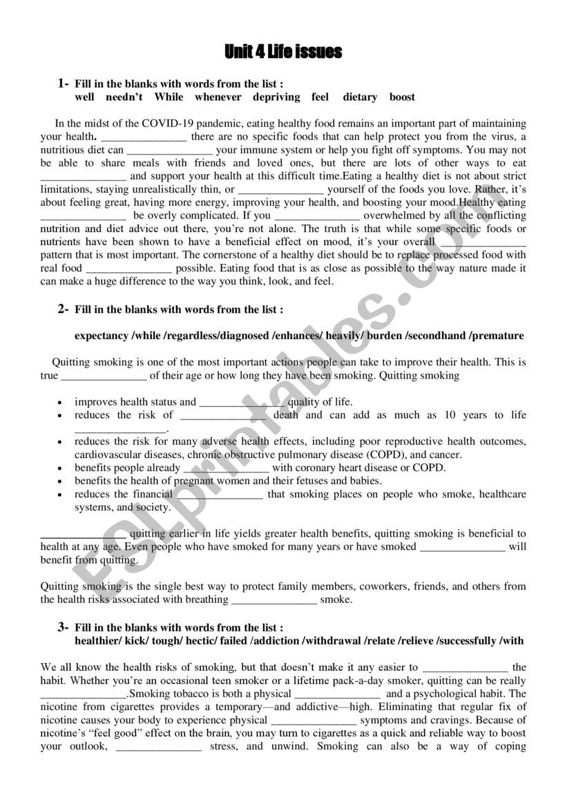 Review Bac Unit 4 Life issues worksheet