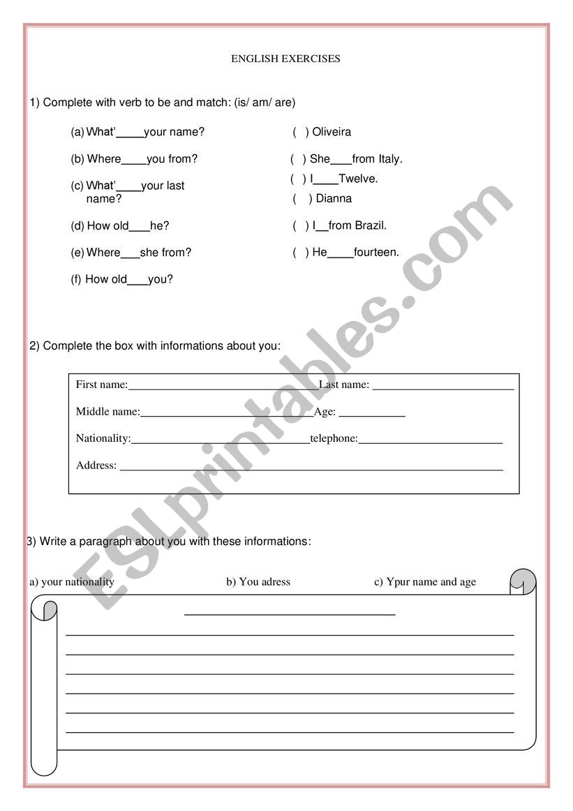 Personal informations worksheet