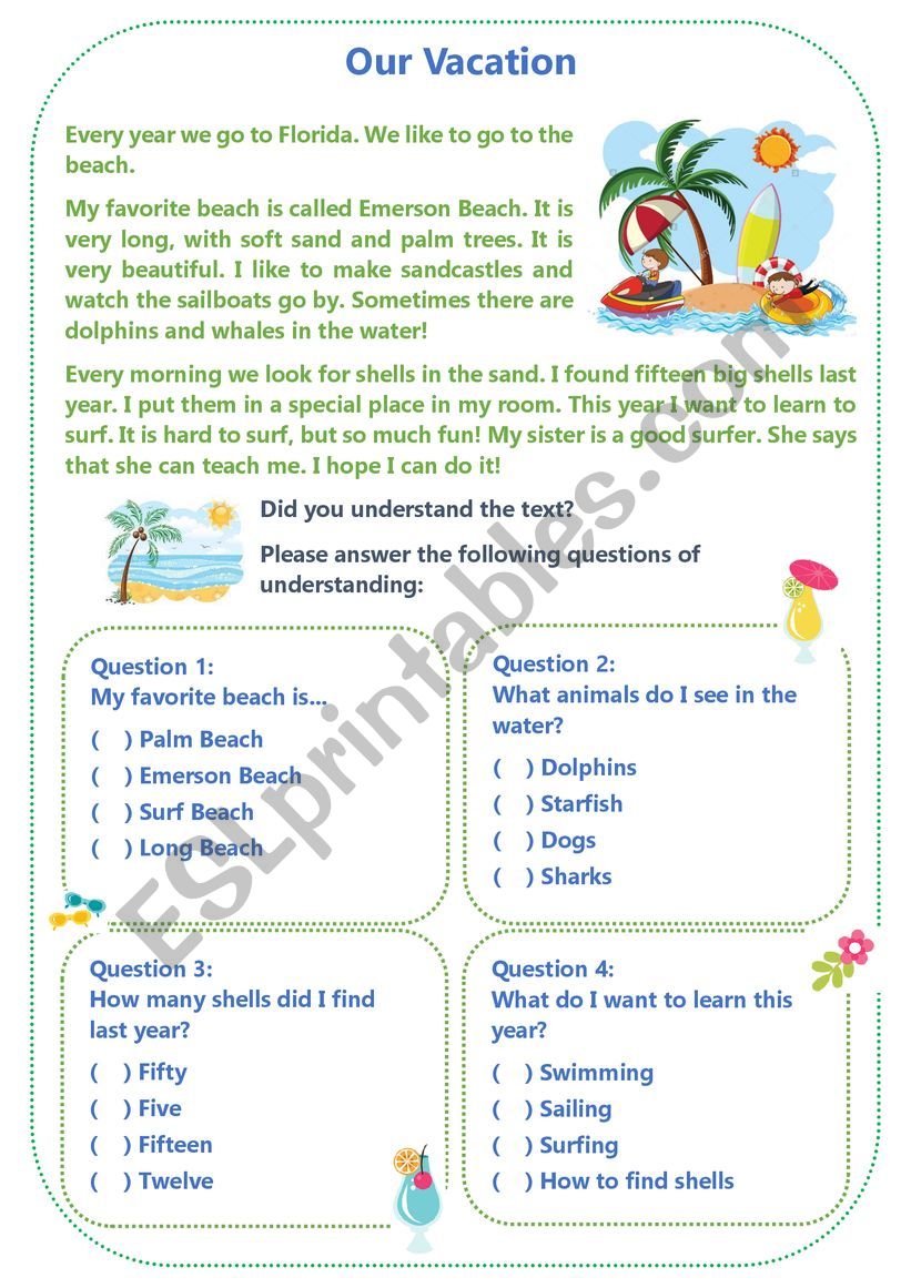 Reading: Our Vacation worksheet