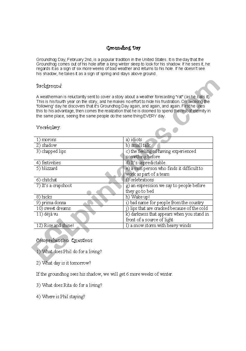 Groundhog Day worksheet