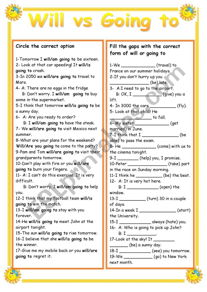 Will vs Going to worksheet