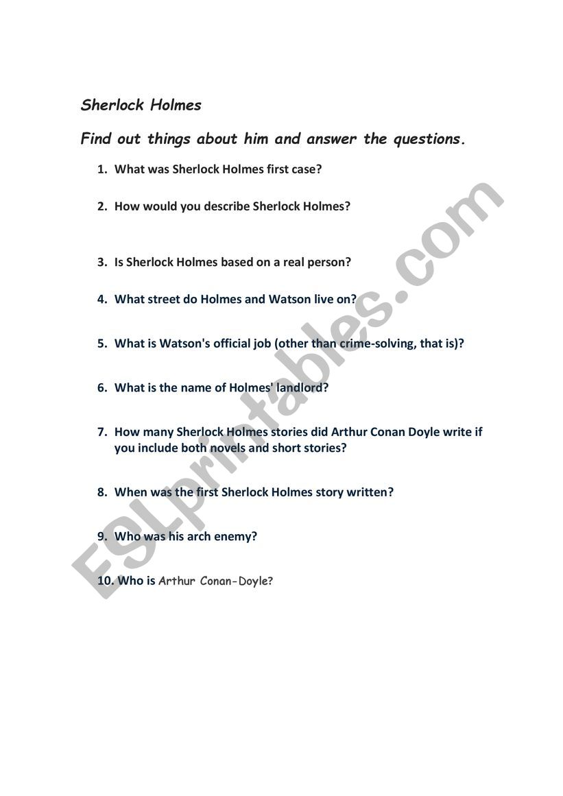 Sherlock Holmes worksheet