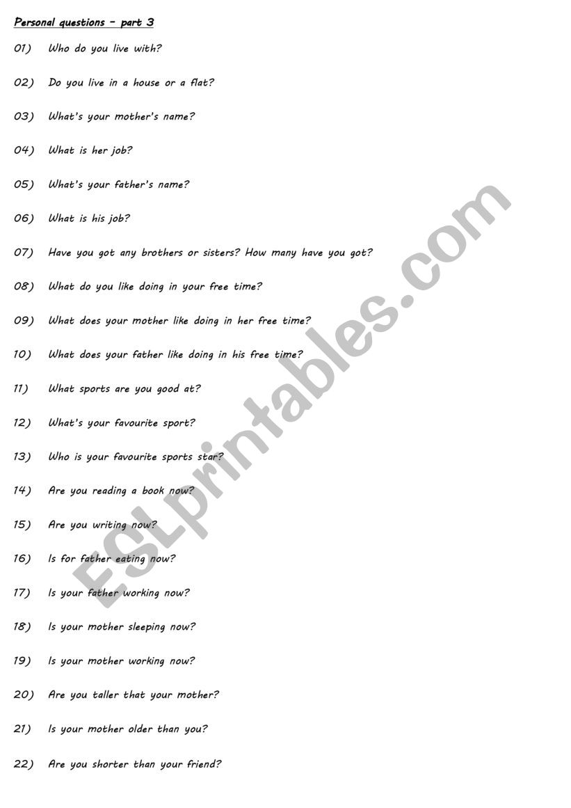 Personal questions practice worksheet