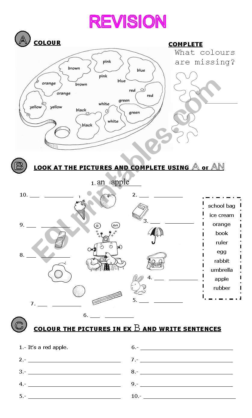 Revision of COLOURS and indefinite article a / an