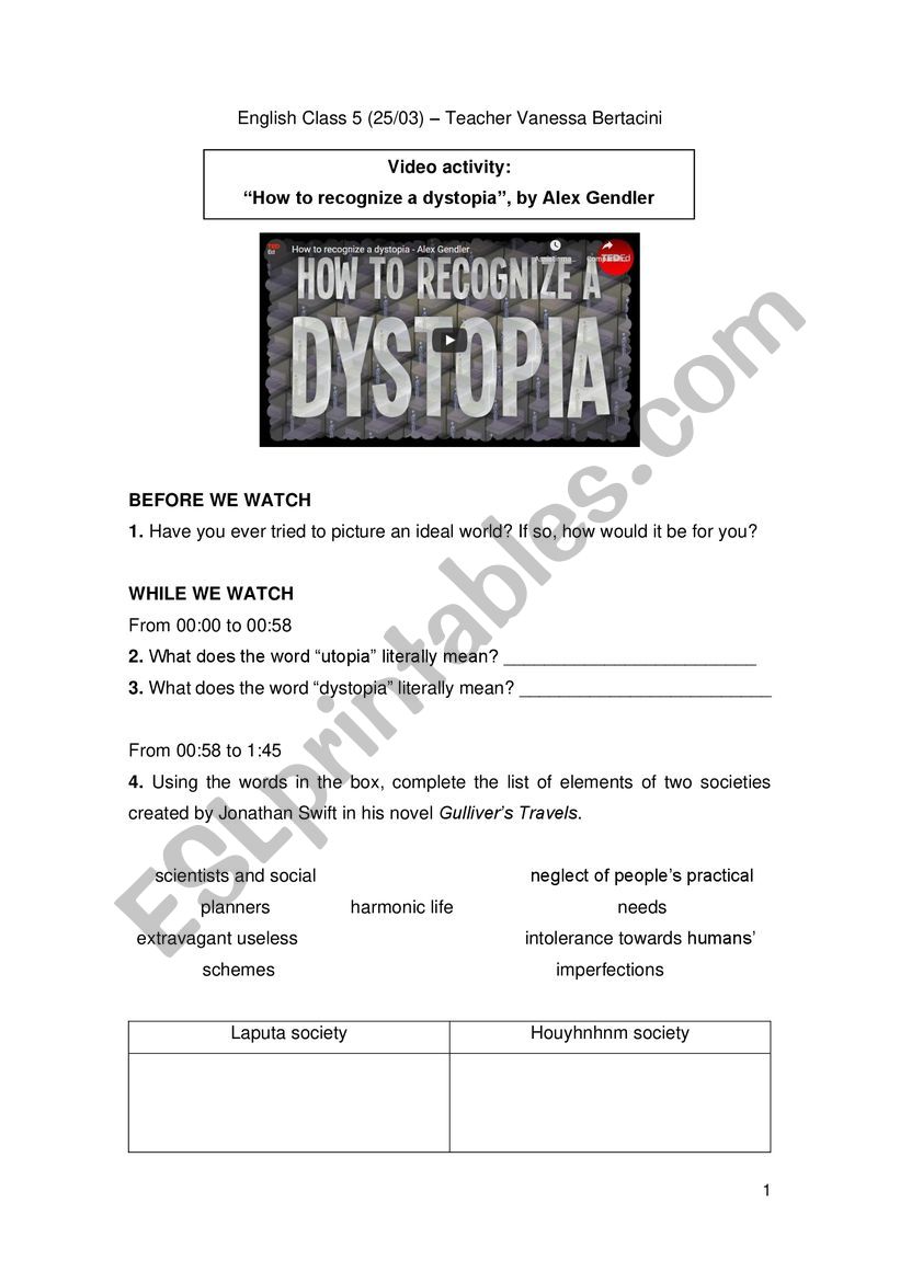 How to recognize a dystopia worksheet