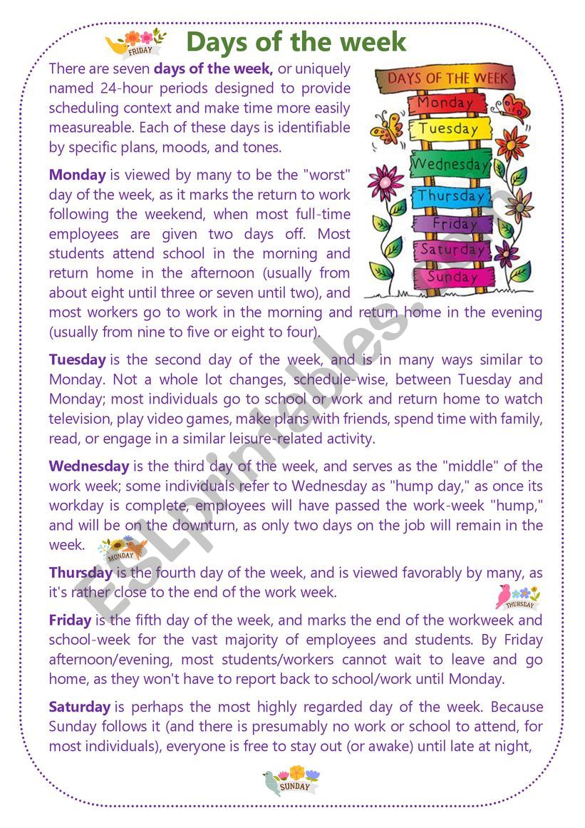 Reading: Days of the Week + Writing: Tell about your favorite day of the week and what do you usually do that day