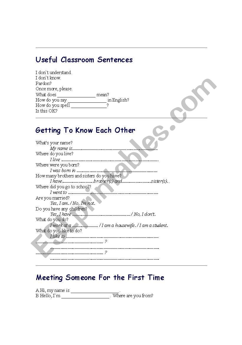 Useful classroom sentences worksheet