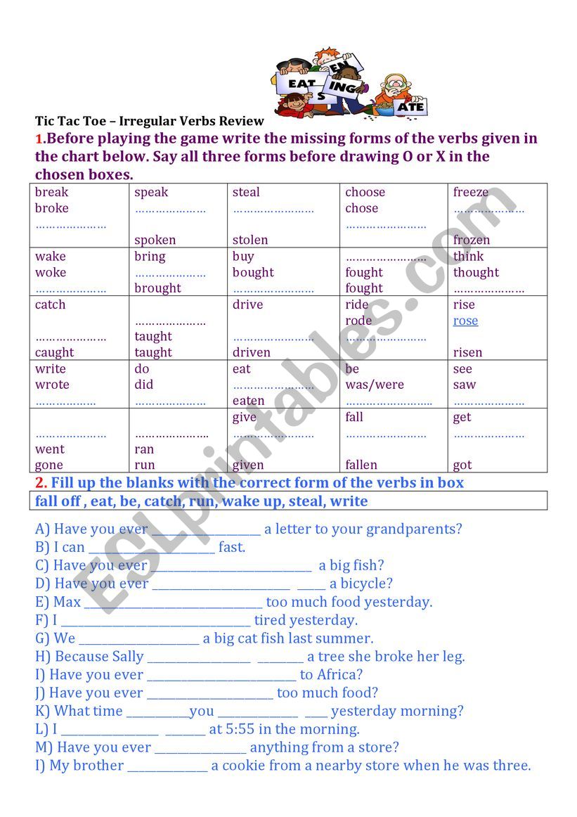 Tic Tac Toe Irregular verbs review