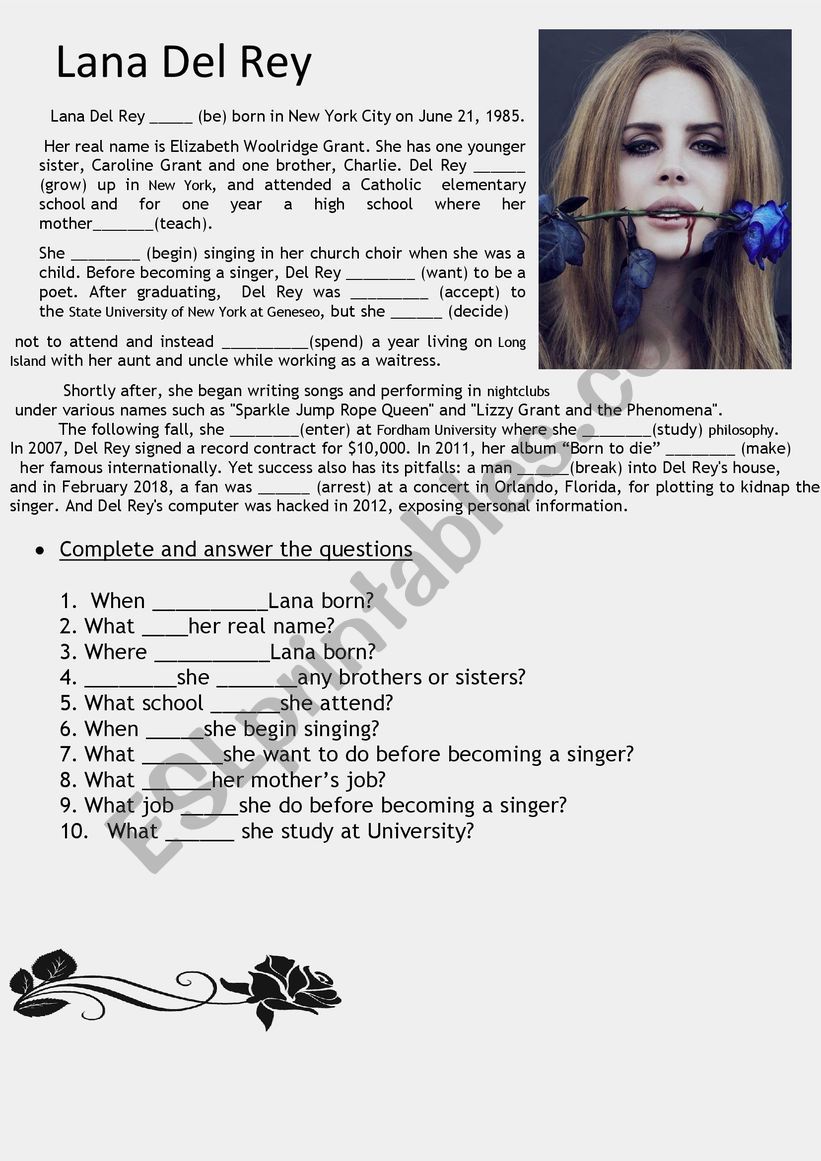 Lana Del Rey worksheet