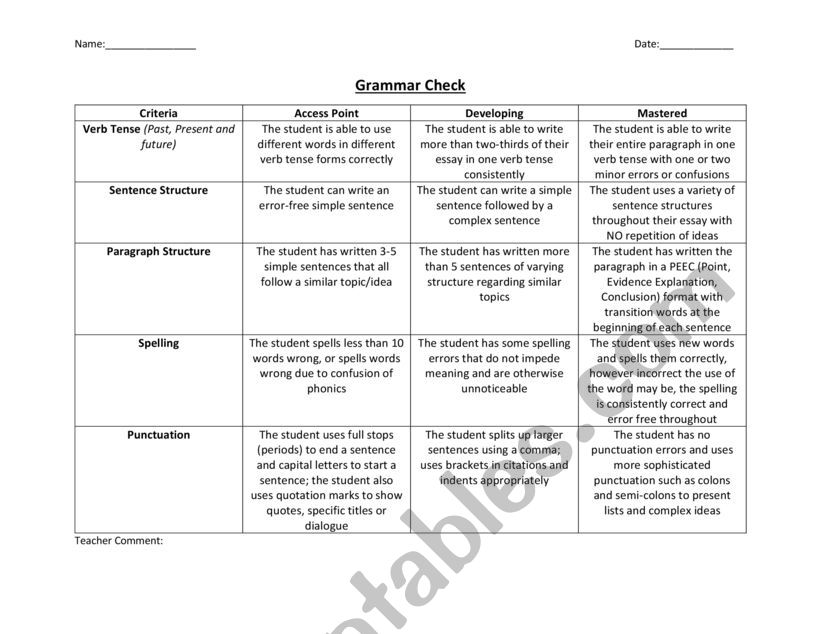 Grammar Writing Process Rubric (Stand Alone Paragraph)