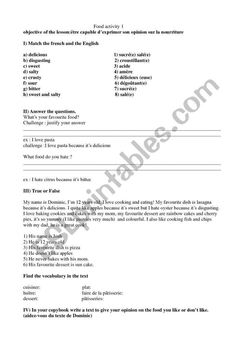 food activity  worksheet