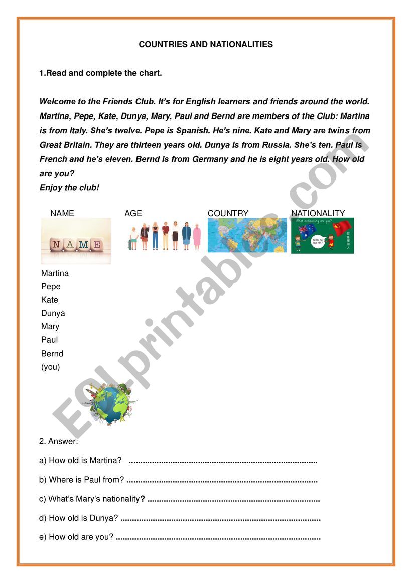 Countries and nationalities worksheet