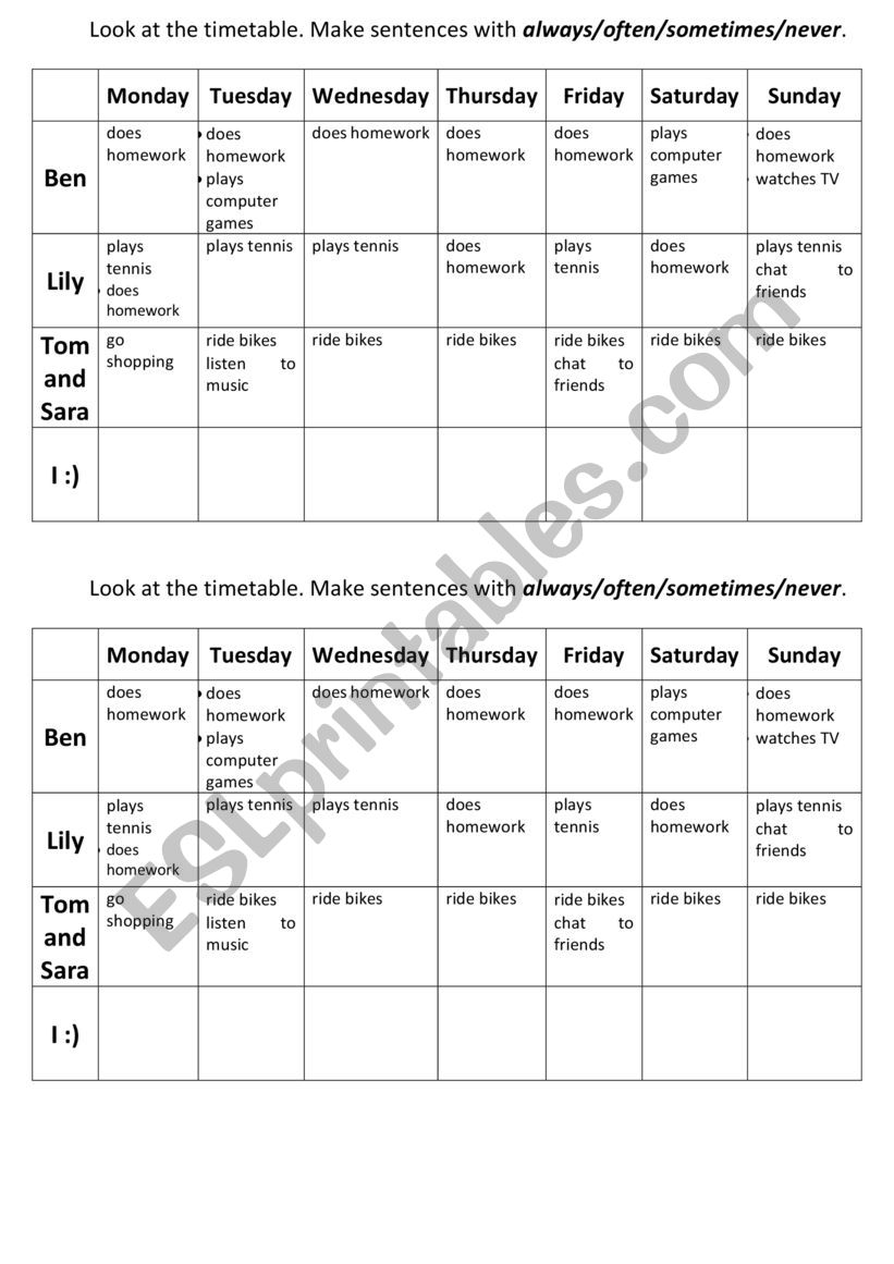 Present Simple timetable (always/often/sometimes/never)