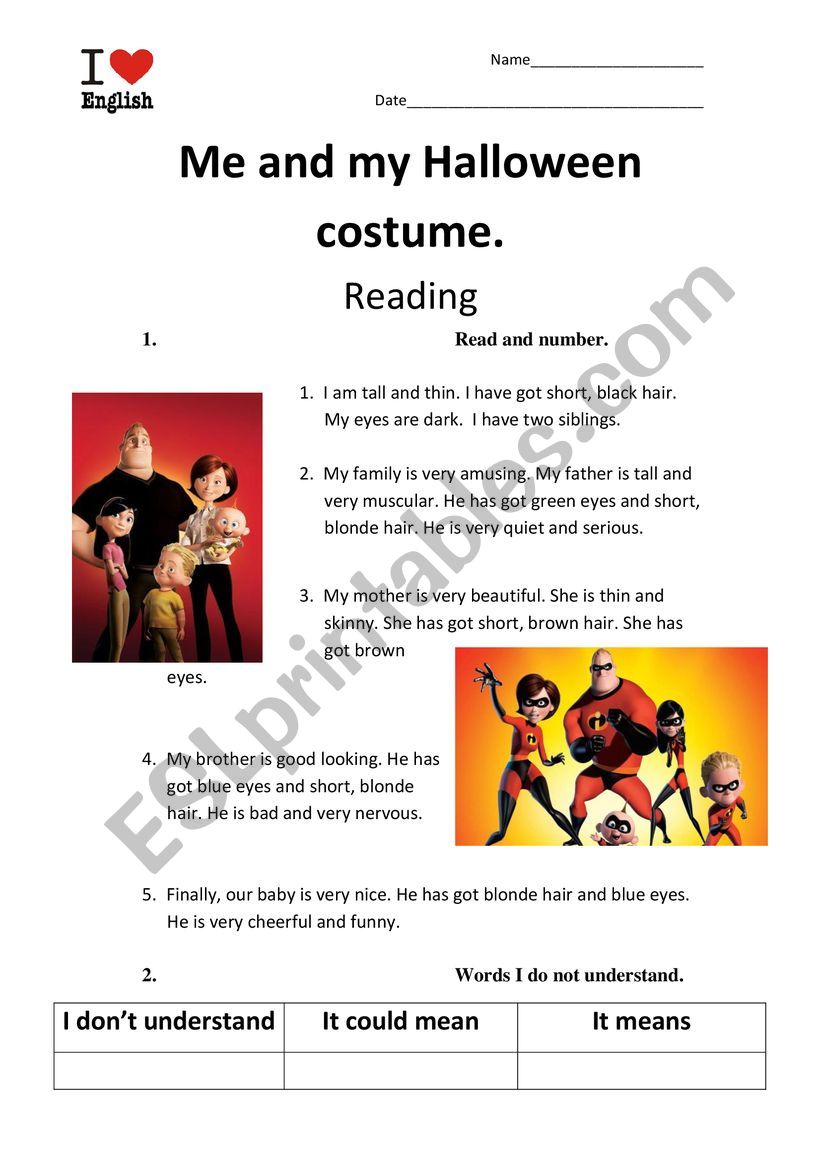 Halloween costume reading worksheet