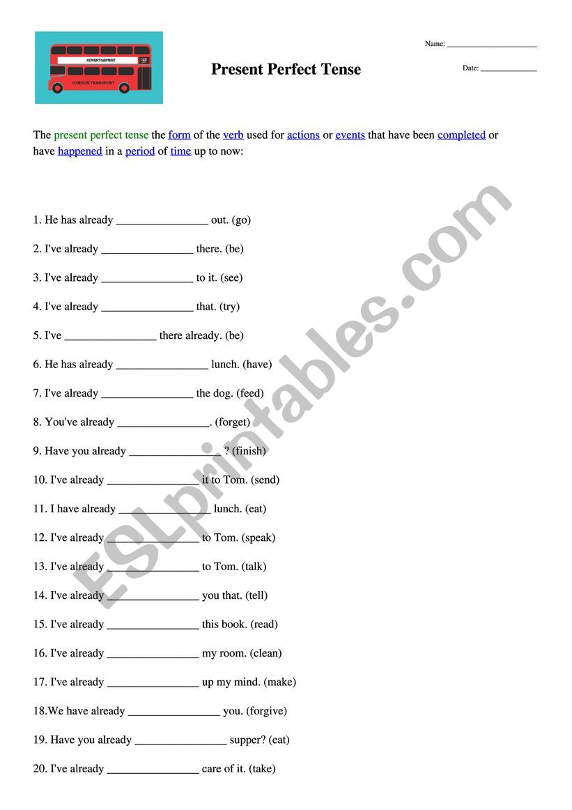 Present Prefect Tense Worksheet 