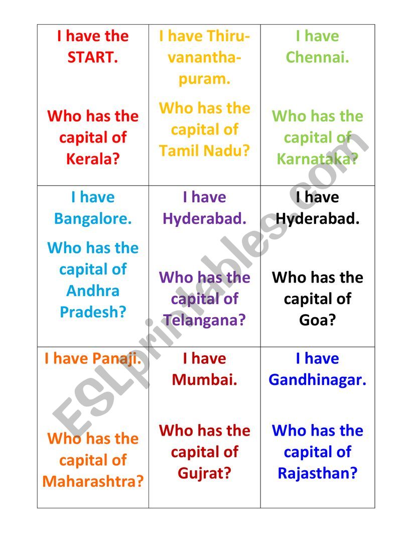 Indian states, union territories and their capitals flash cards.