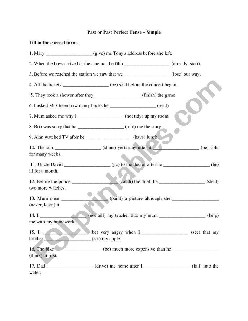 Past or Past perfect worksheet