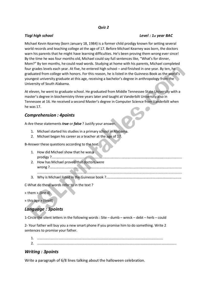 QUIZ for ESL INTERMEDIATE STUDENTS