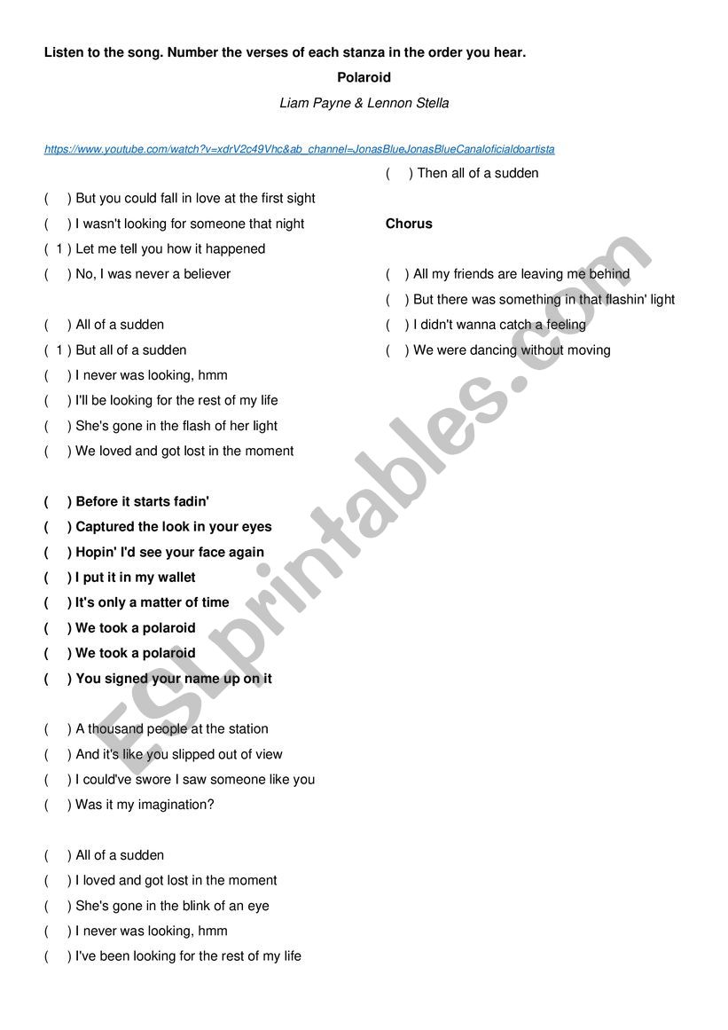 Song - Pollaroid worksheet