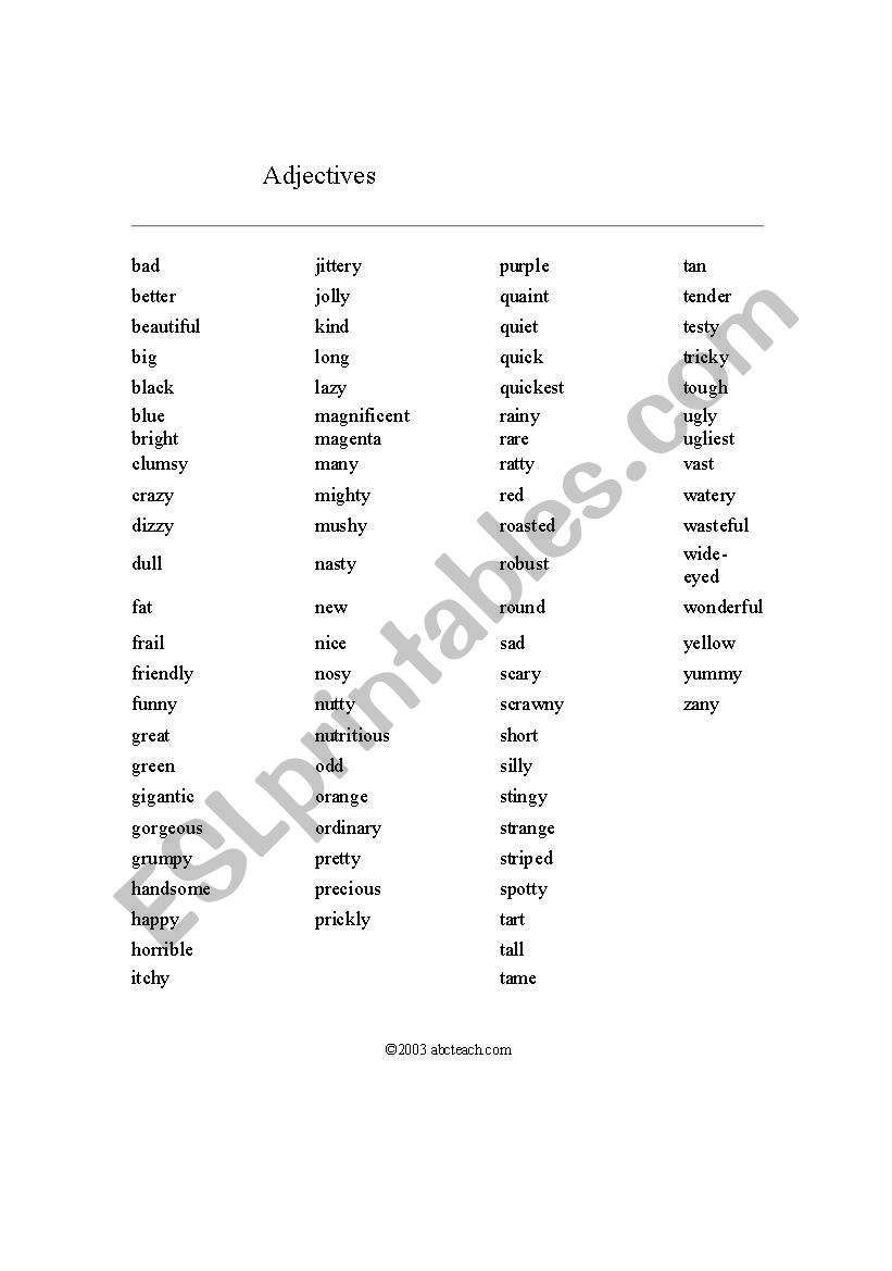 adjecti ves worksheet