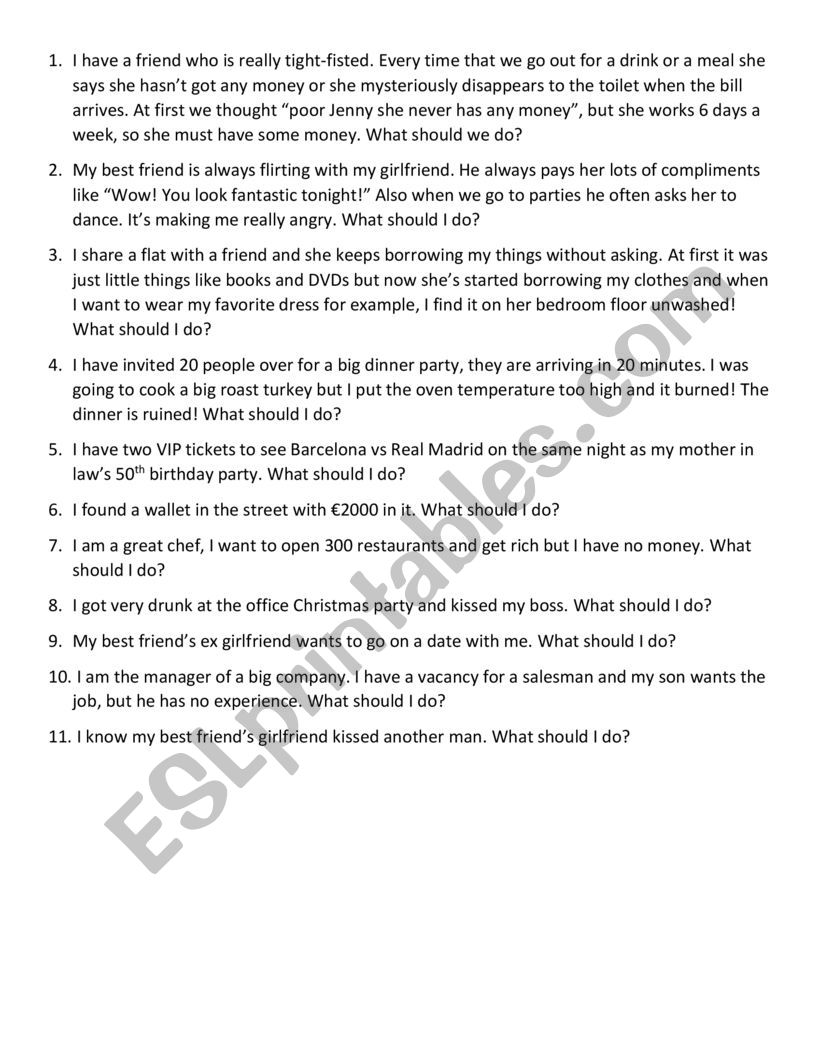 Situations to give advice worksheet
