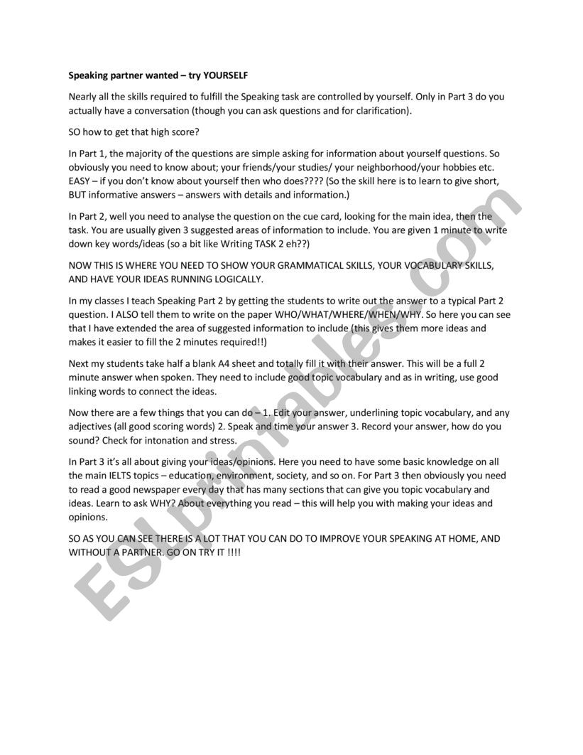 Speaking partner  worksheet