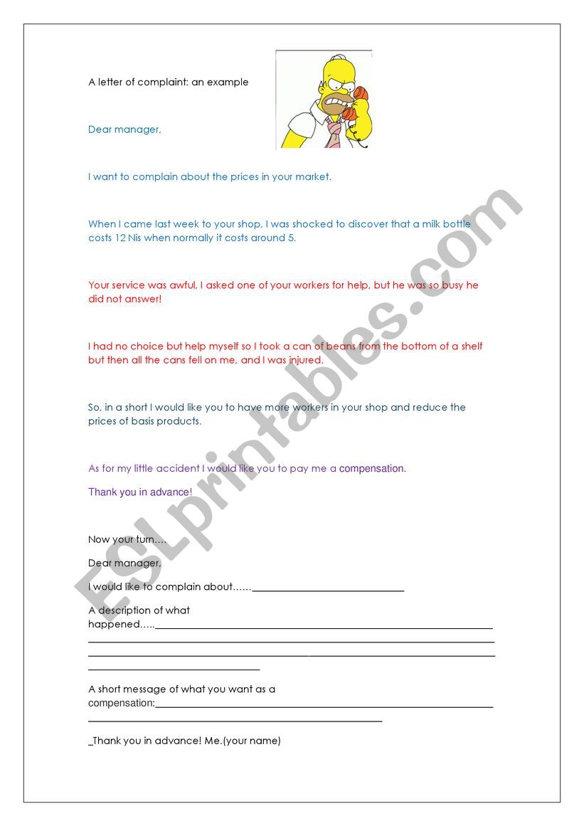 a letter of complaint worksheet