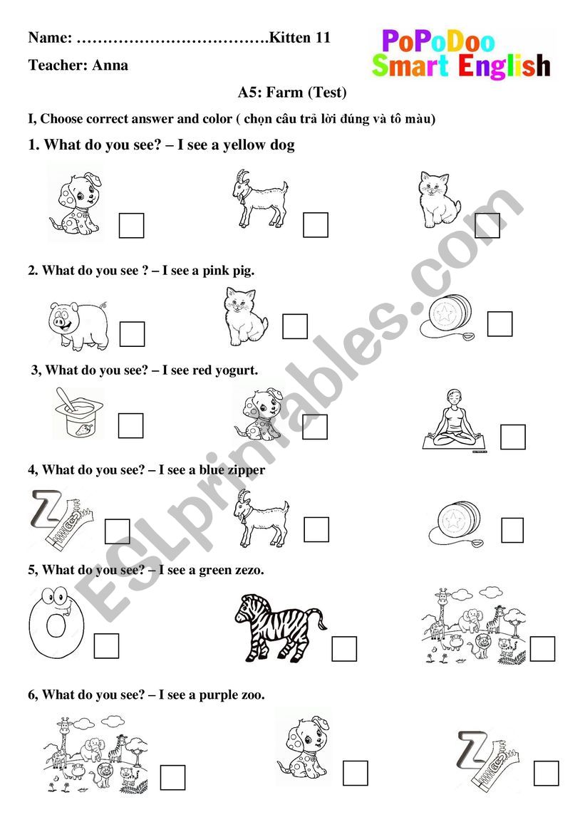 Test for animal on the farm worksheet