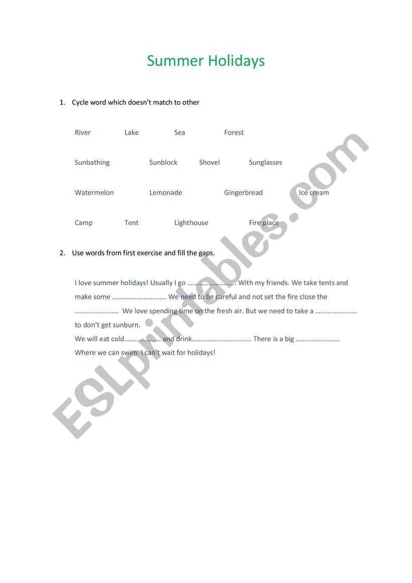 Summer holidays worksheet