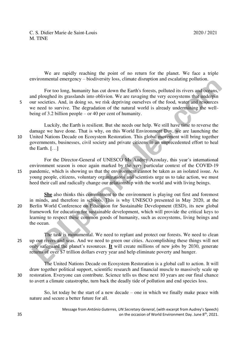 International environment day - ESL worksheet by epatine