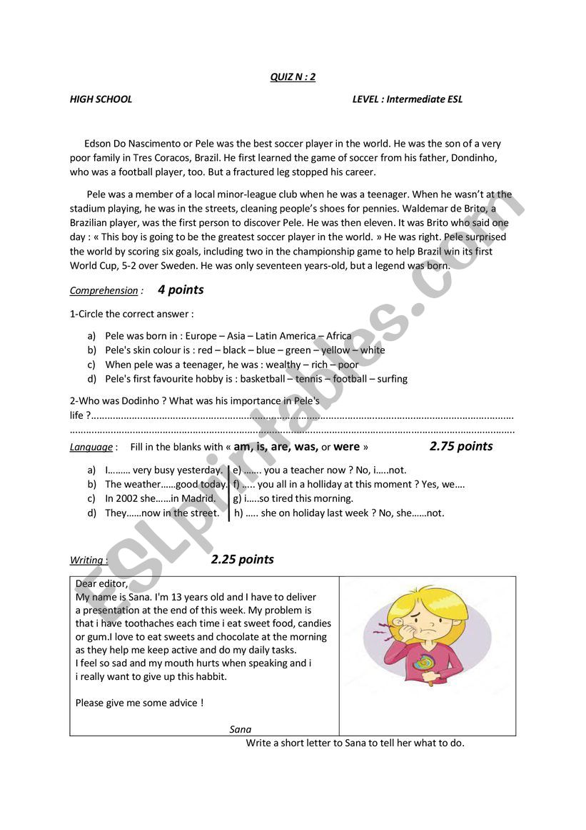 QUIZ for ESL INTERMEDIATE STUDENTS