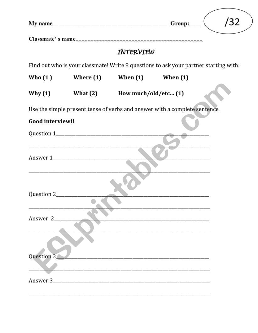 Classmate INterview worksheet