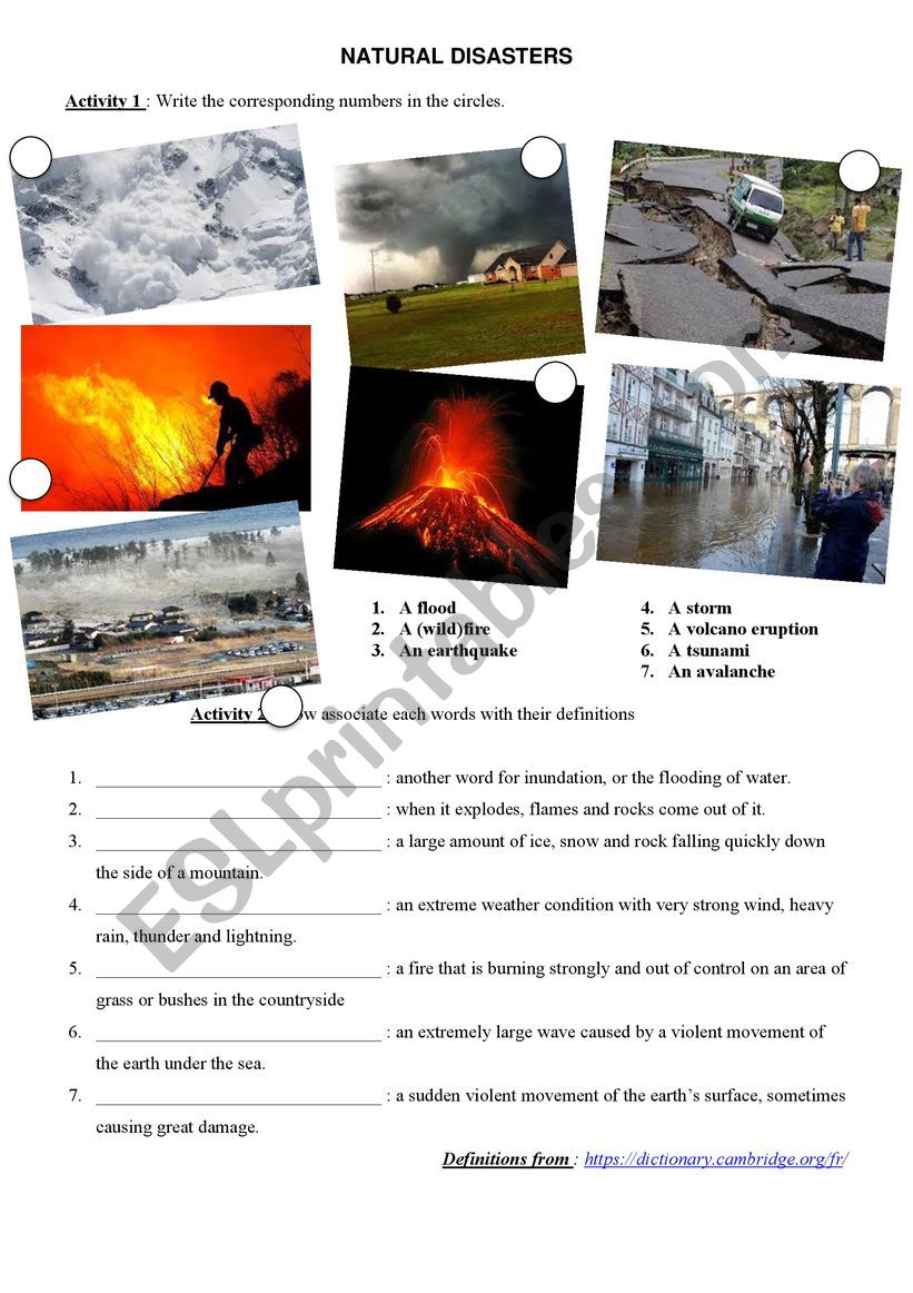 Natural disasters worksheet